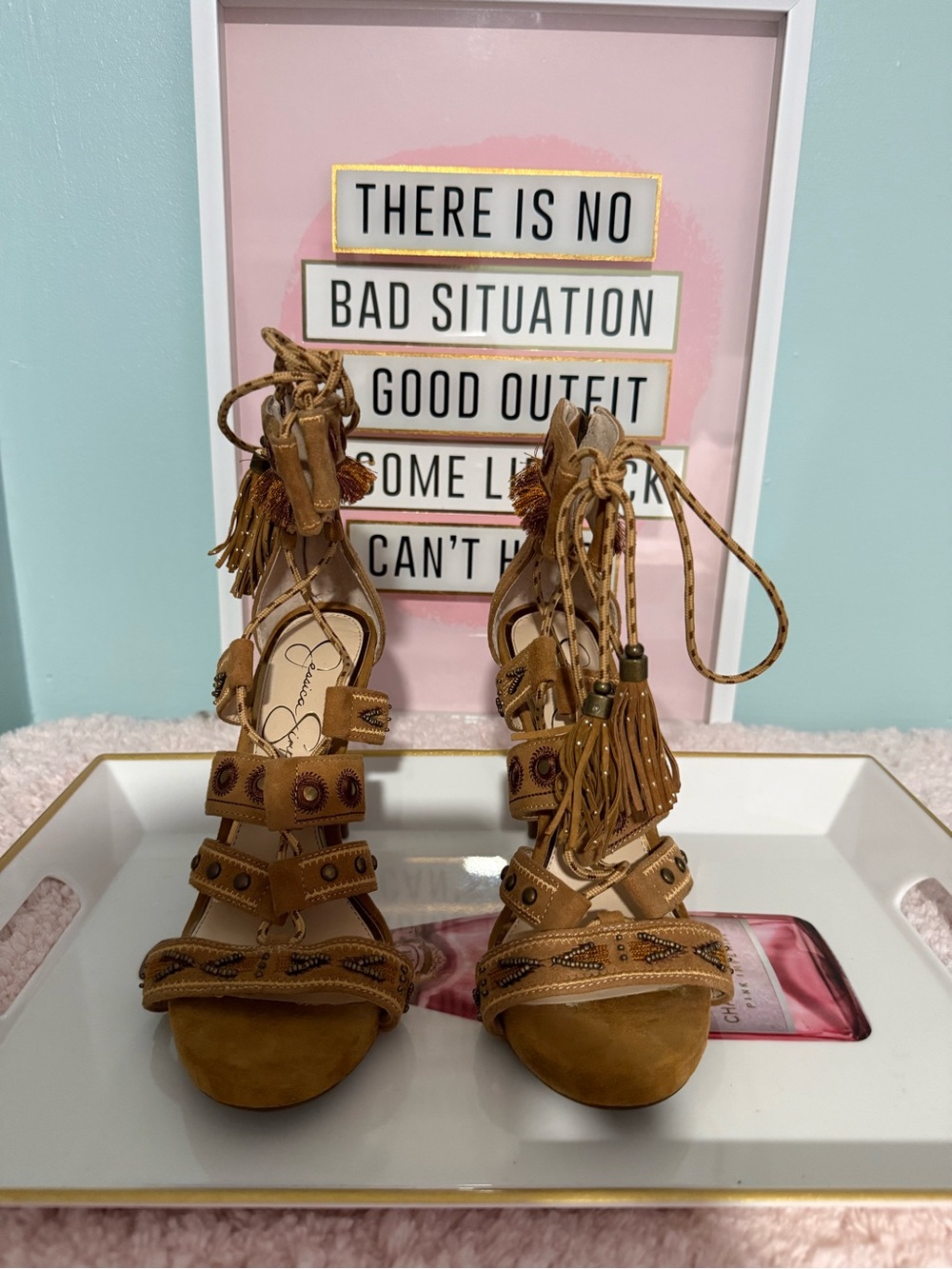 Jessica Simpson Tan Suede Fringe Lace-Up Heels